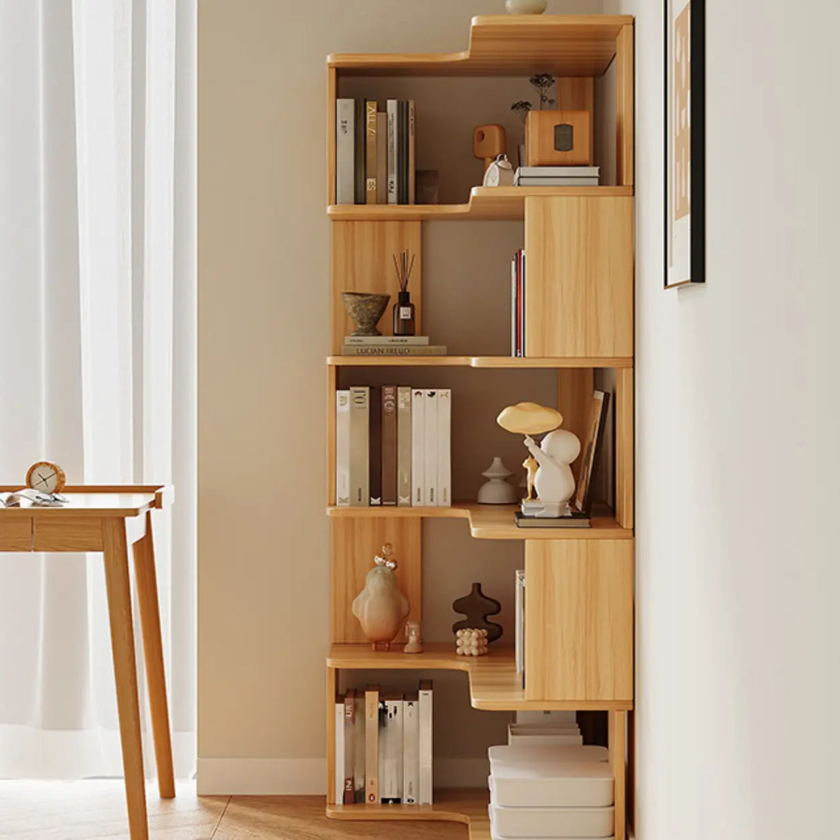 Modern Vertical Corner Storage Open Back Wood Bookcase Image - 11