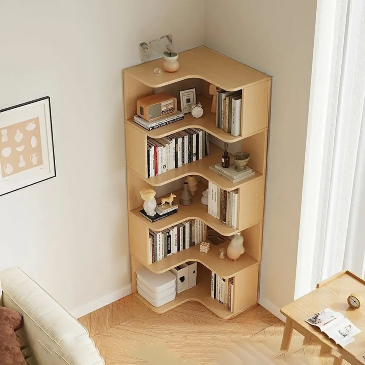 Modern Vertical Corner Storage Open Back Wood Bookcase Image - 12
