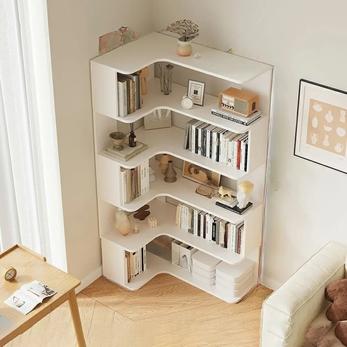 Modern Vertical Corner Storage Open Back Wood Bookcase Image - 13