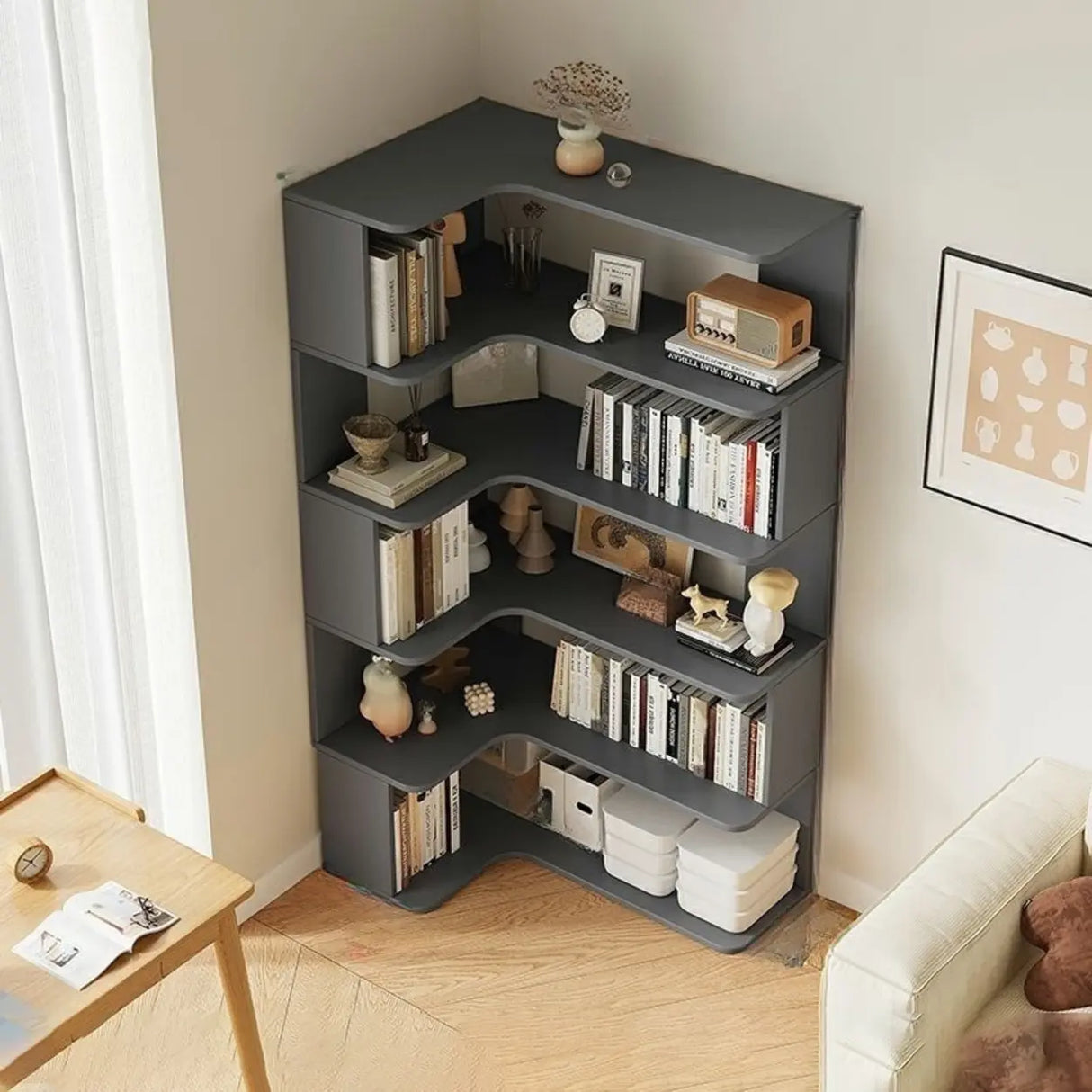 Modern Vertical Corner Storage Open Back Wood Bookcase Image - 16