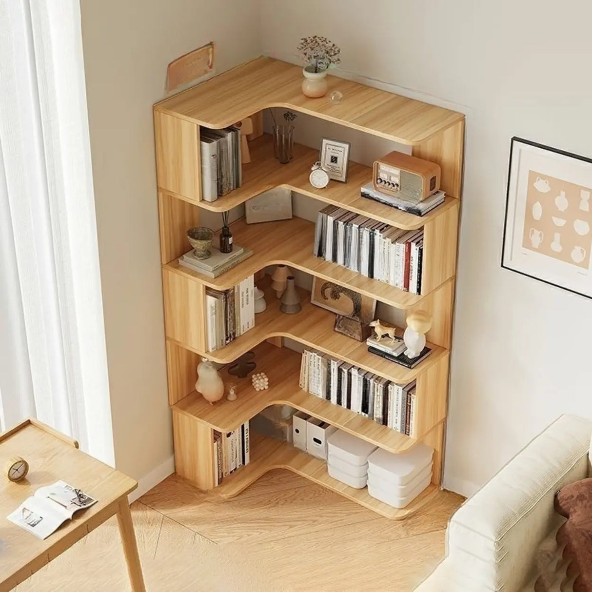 Modern Vertical Corner Storage Open Back Wood Bookcase Image - 18