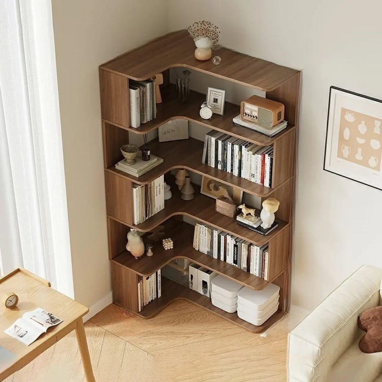 Modern Vertical Corner Storage Open Back Wood Bookcase Image - 19