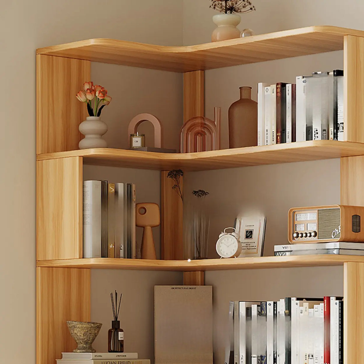 Modern Vertical Corner Storage Open Back Wood Bookcase Image - 20