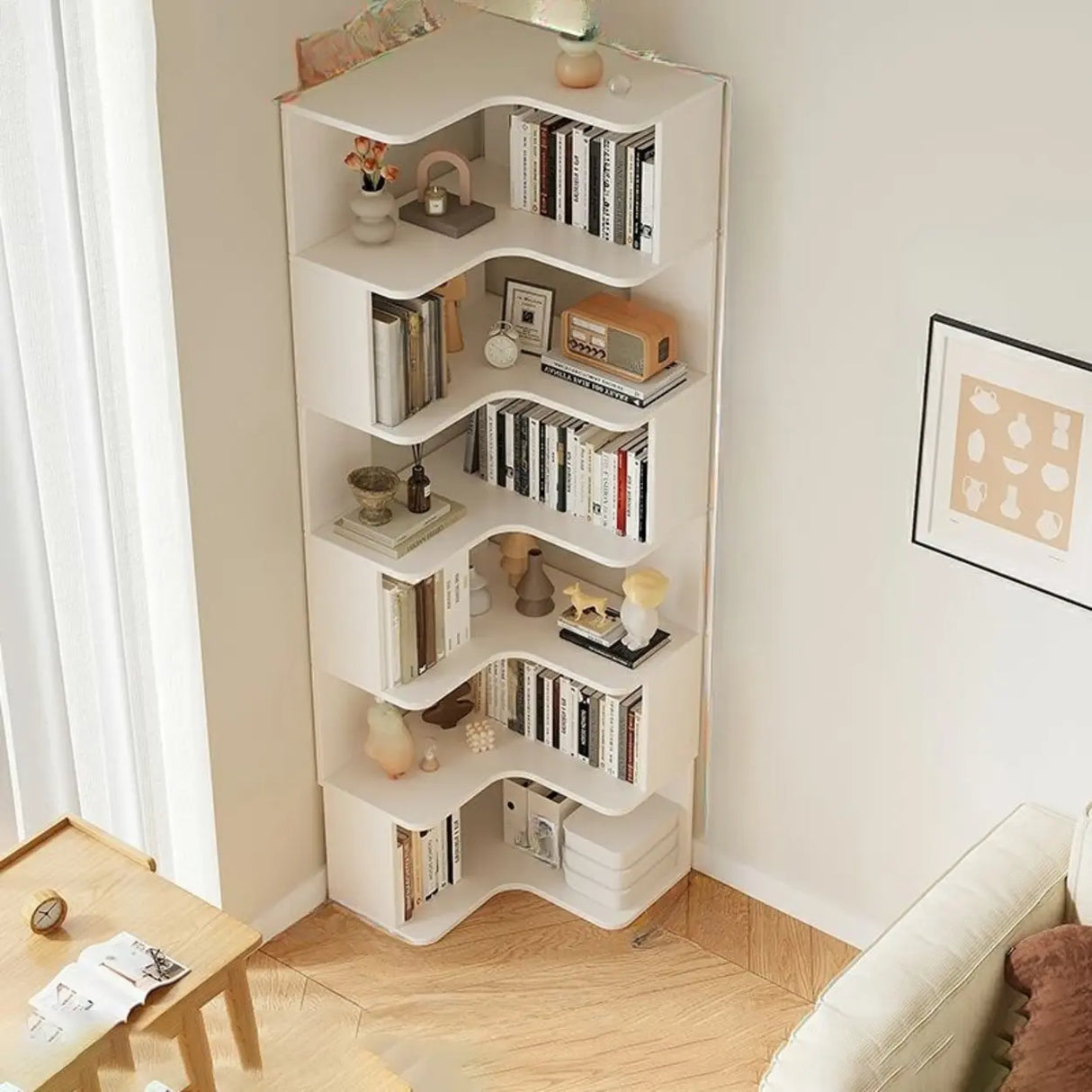 Modern Vertical Corner Storage Open Back Wood Bookcase Image - 22
