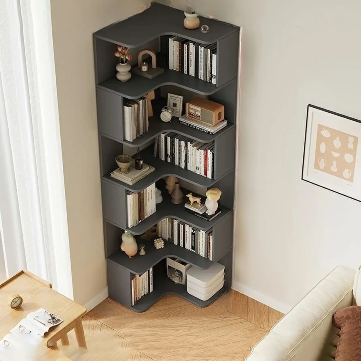 Modern Vertical Corner Storage Open Back Wood Bookcase Image - 23
