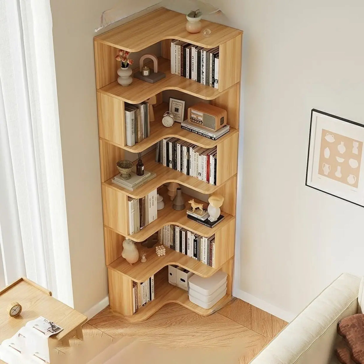 Modern Vertical Corner Storage Open Back Wood Bookcase Image - 24