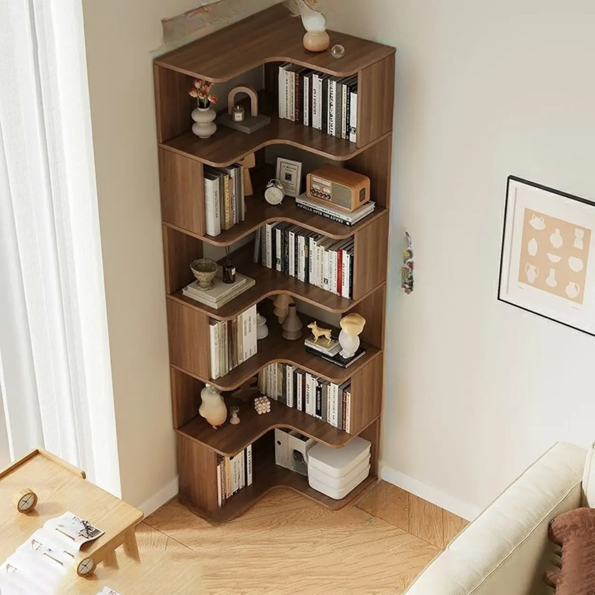 Modern Vertical Corner Storage Open Back Wood Bookcase Image - 25