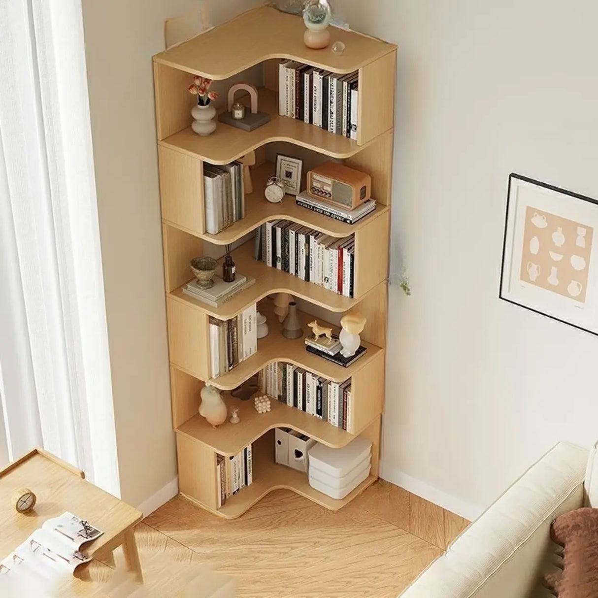 Modern Vertical Corner Storage Open Back Wood Bookcase Image - 26