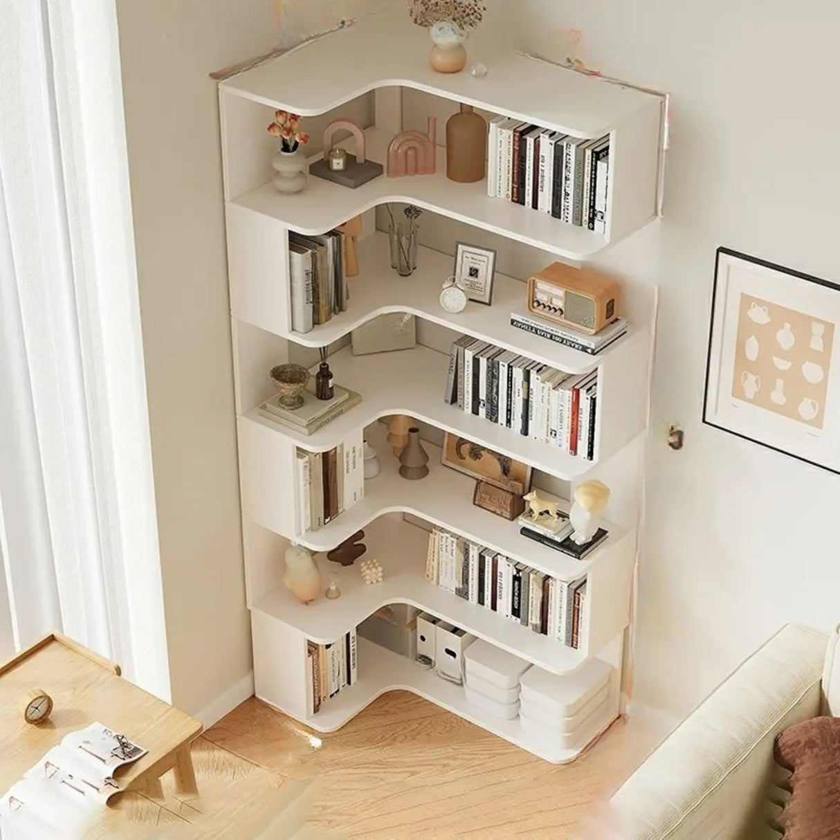 Modern Vertical Corner Storage Open Back Wood Bookcase Image - 27
