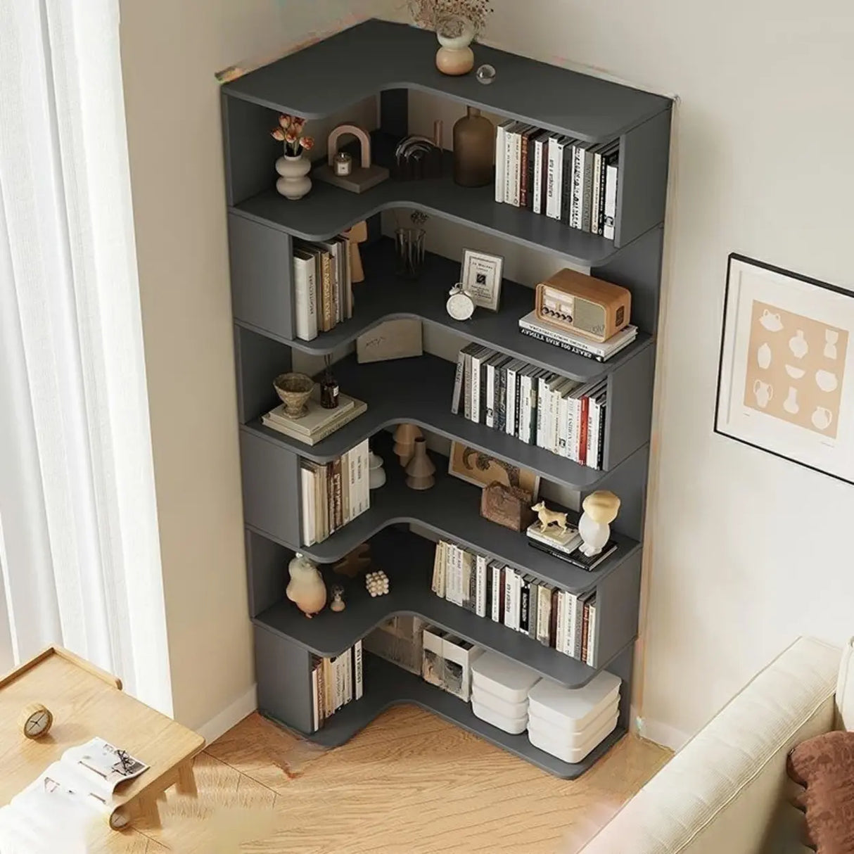 Modern Vertical Corner Storage Open Back Wood Bookcase Image - 28