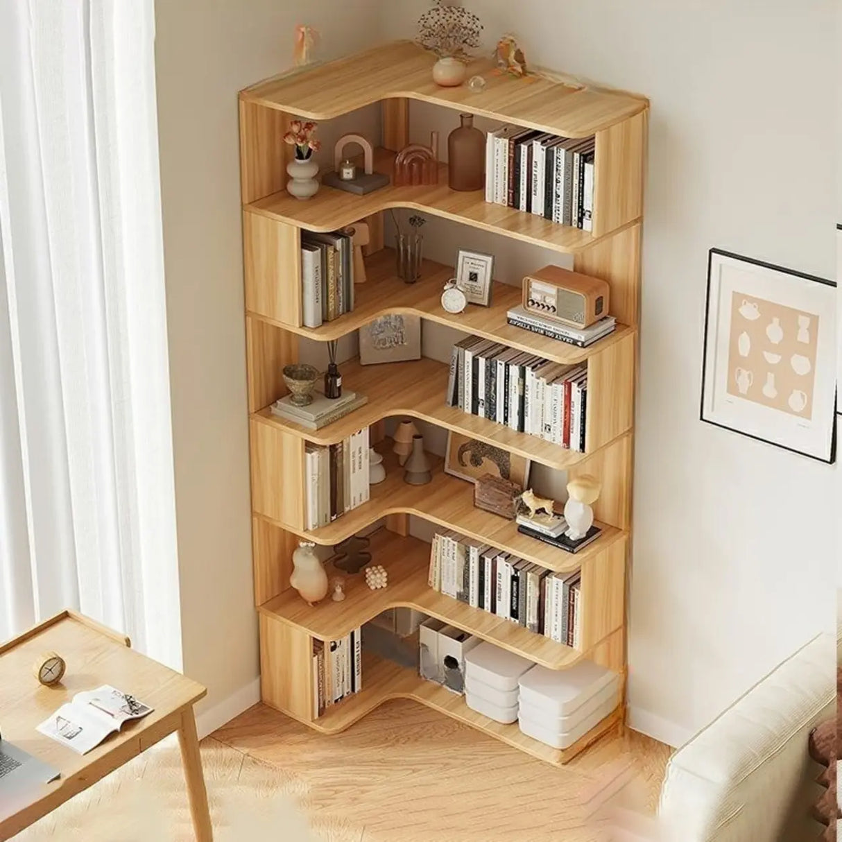 Modern Vertical Corner Storage Open Back Wood Bookcase Image - 29