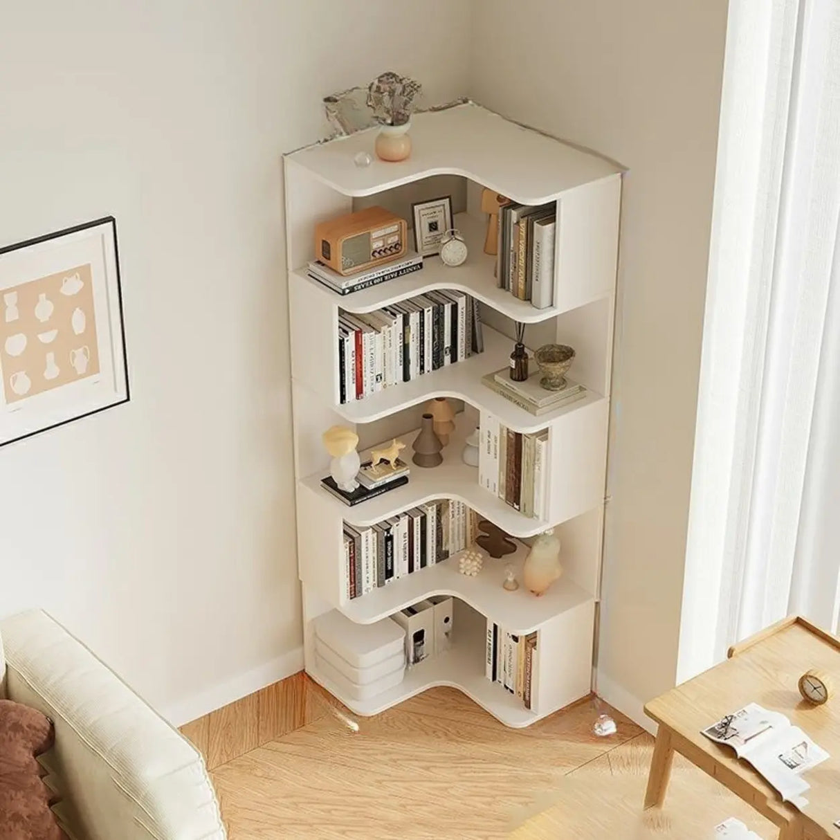 Modern Vertical Corner Storage Open Back Wood Bookcase Image - 3