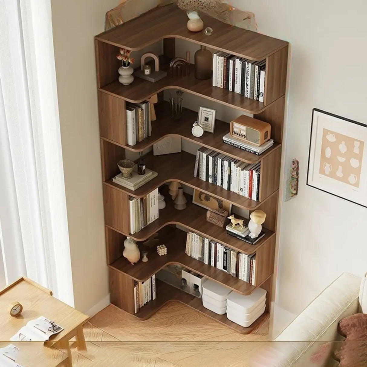 Modern Vertical Corner Storage Open Back Wood Bookcase Image - 30