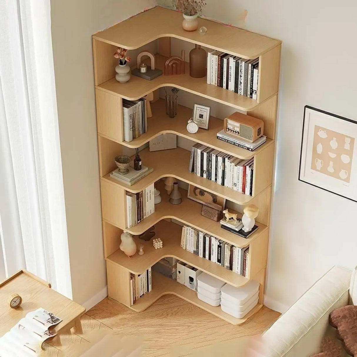 Modern Vertical Corner Storage Open Back Wood Bookcase Image - 31