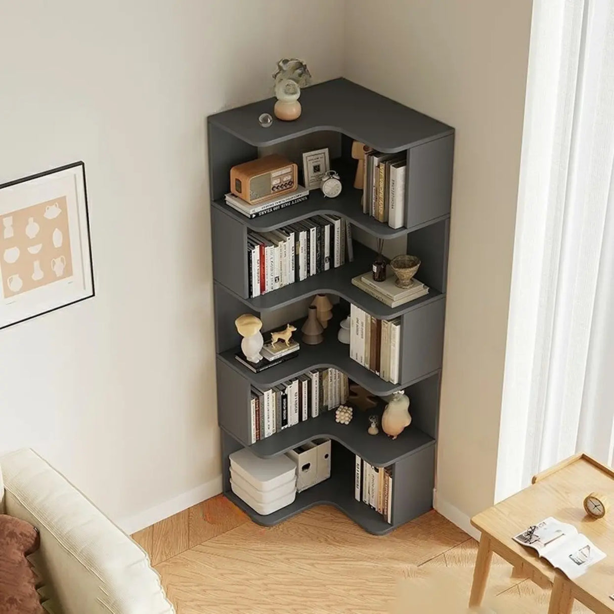 Modern Vertical Corner Storage Open Back Wood Bookcase Image - 5