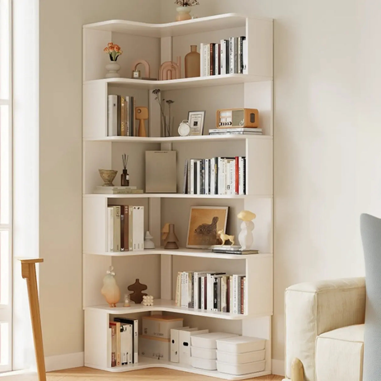 Modern Vertical Corner Storage Open Back Wood Bookcase Image - 6