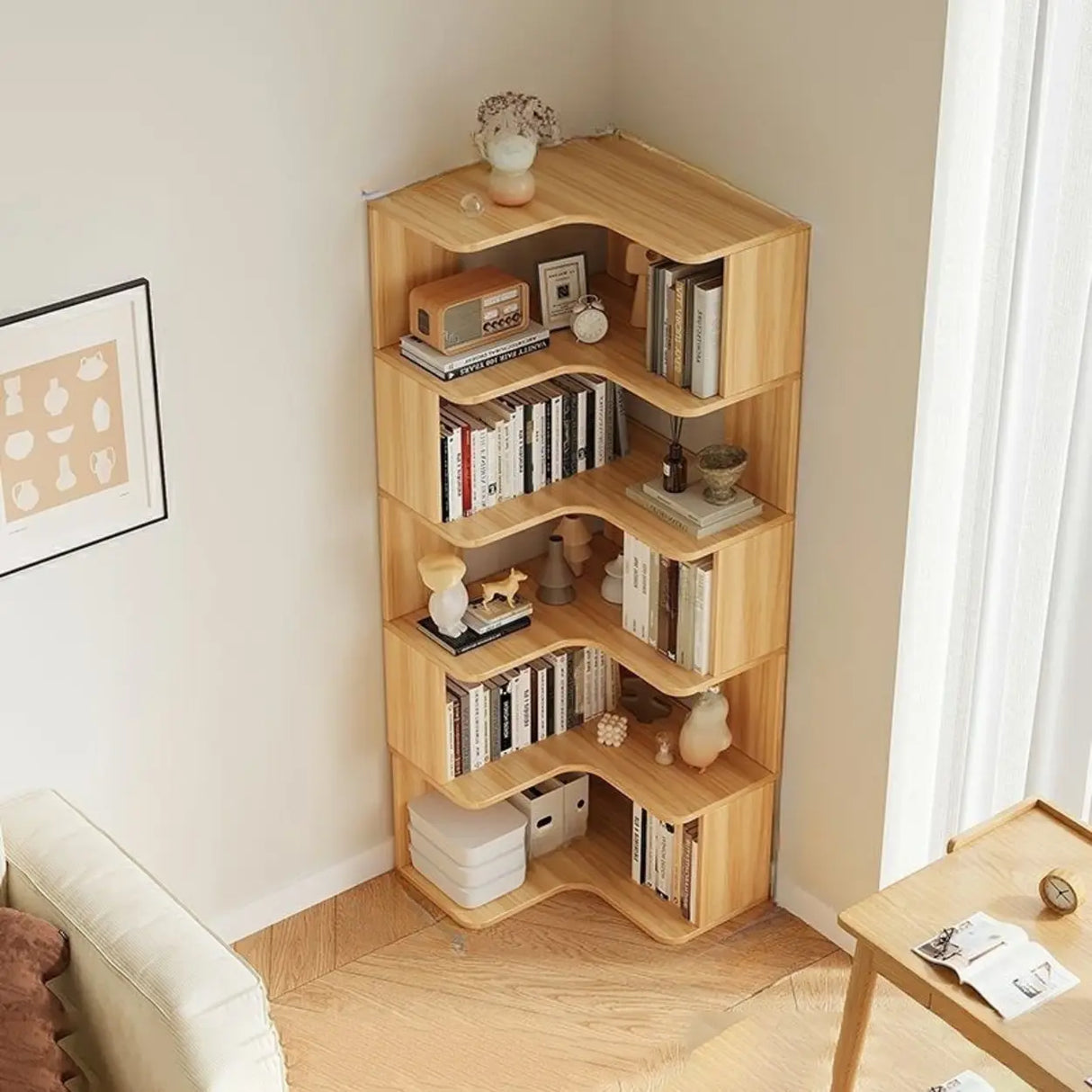 Modern Vertical Corner Storage Open Back Wood Bookcase Image - 7