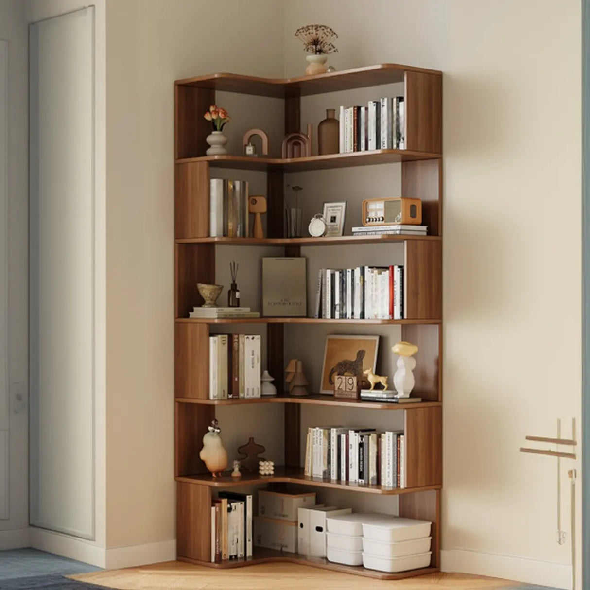 Modern Vertical Corner Storage Open Back Wood Bookcase Image - 8