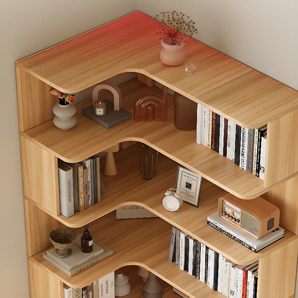 Modern Vertical Corner Storage Open Back Wood Bookcase Image - 9