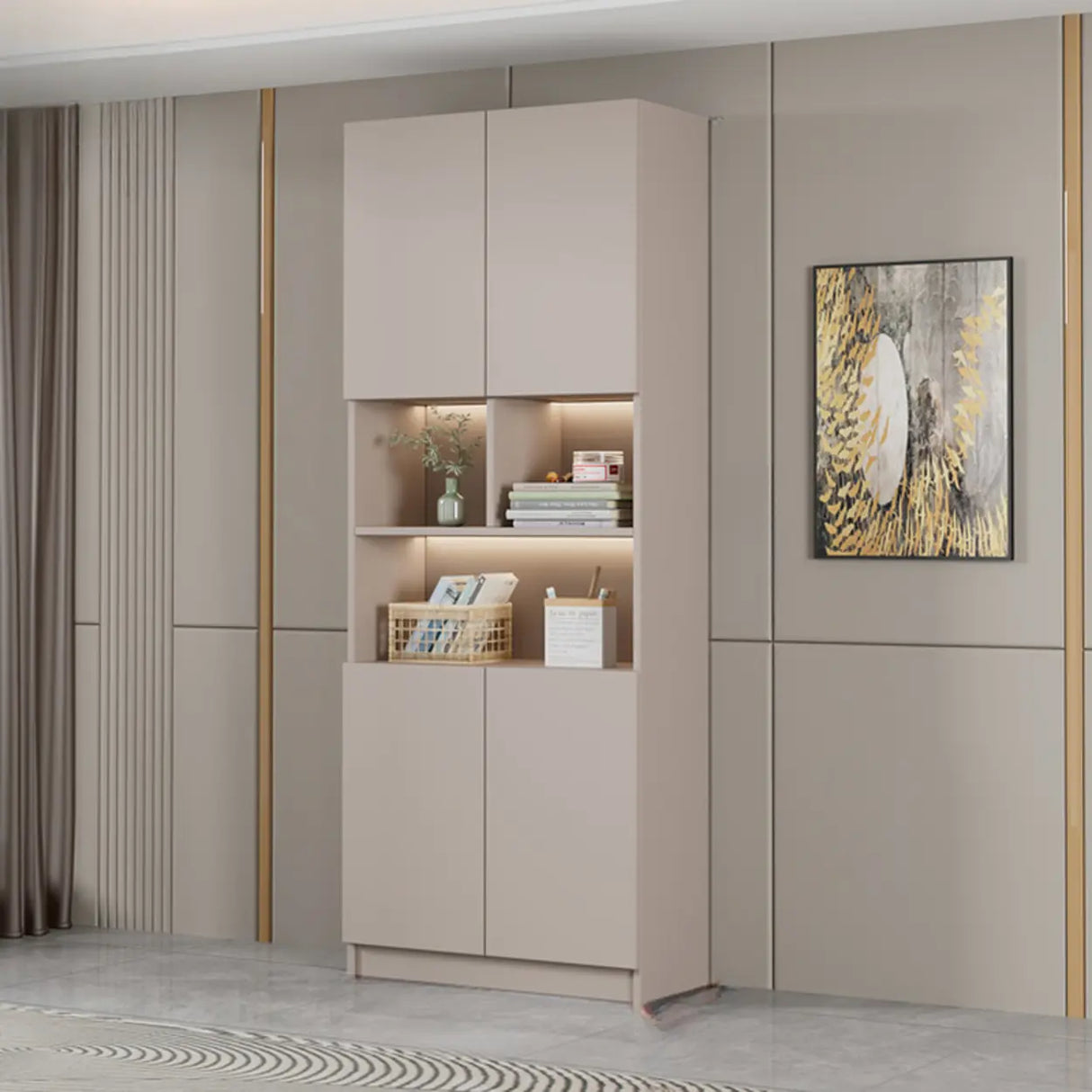 Modern Vertical Glass Cabinets White Wooden Bookcase Image - 10