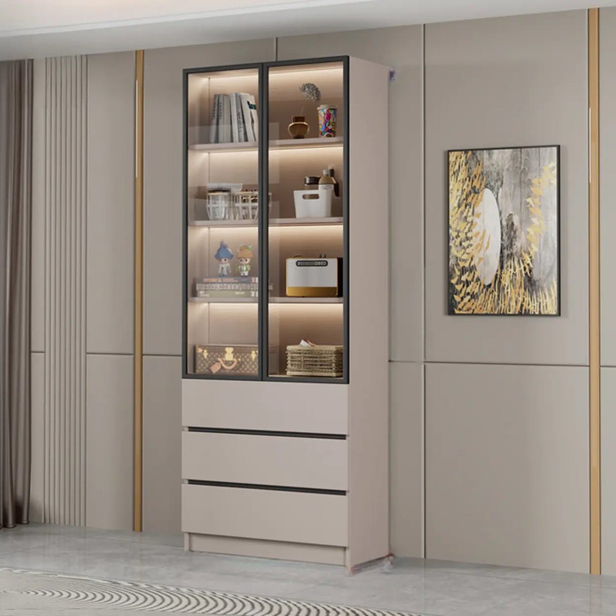 Modern Vertical Glass Cabinets White Wooden Bookcase Image - 12