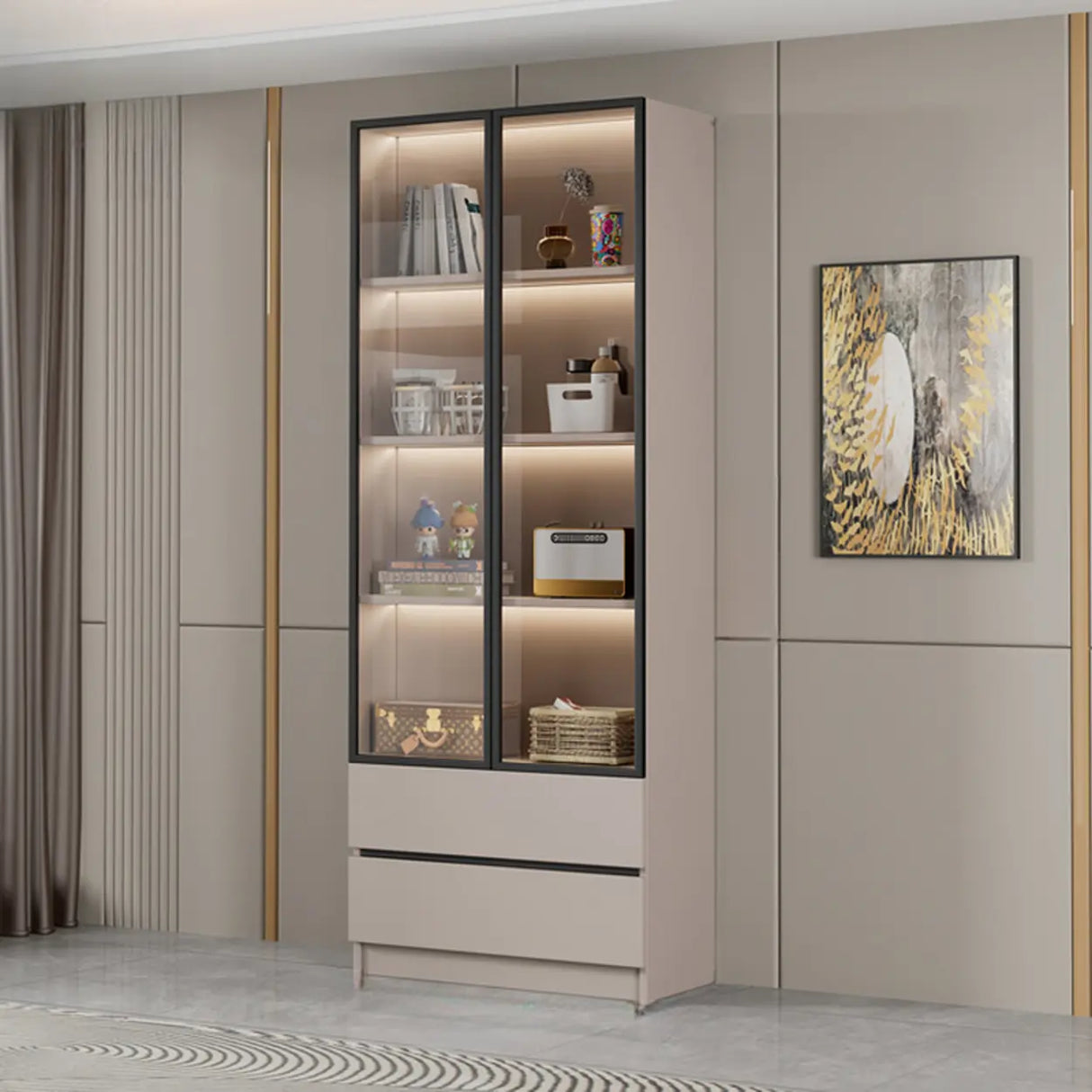 Modern Vertical Glass Cabinets White Wooden Bookcase Image - 13