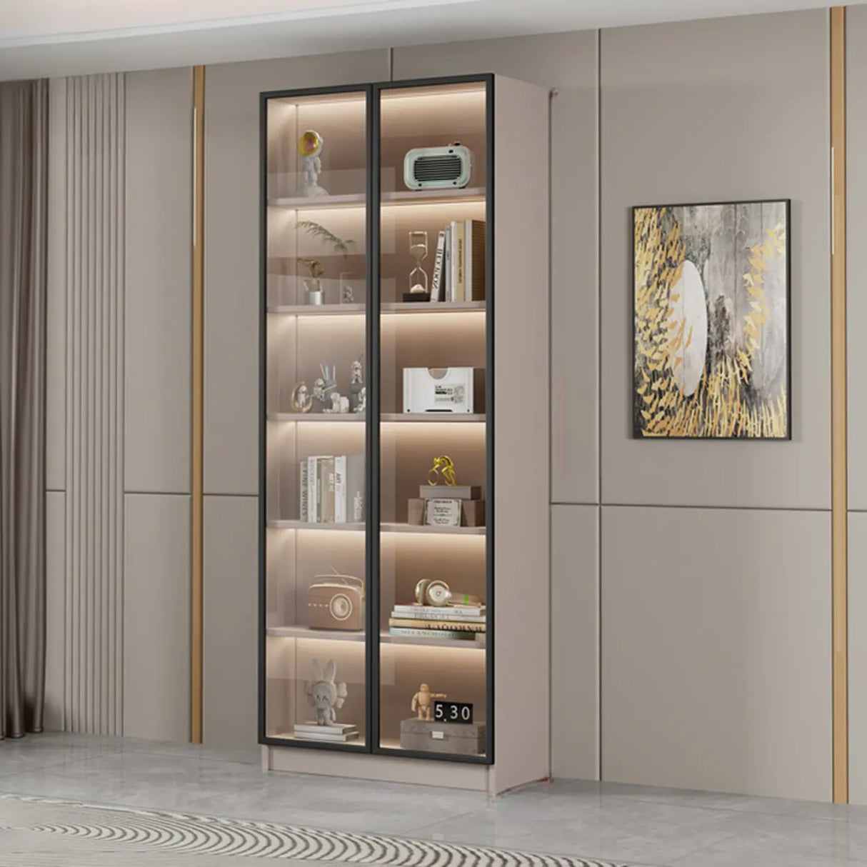 Modern Vertical Glass Cabinets White Wooden Bookcase Image - 14