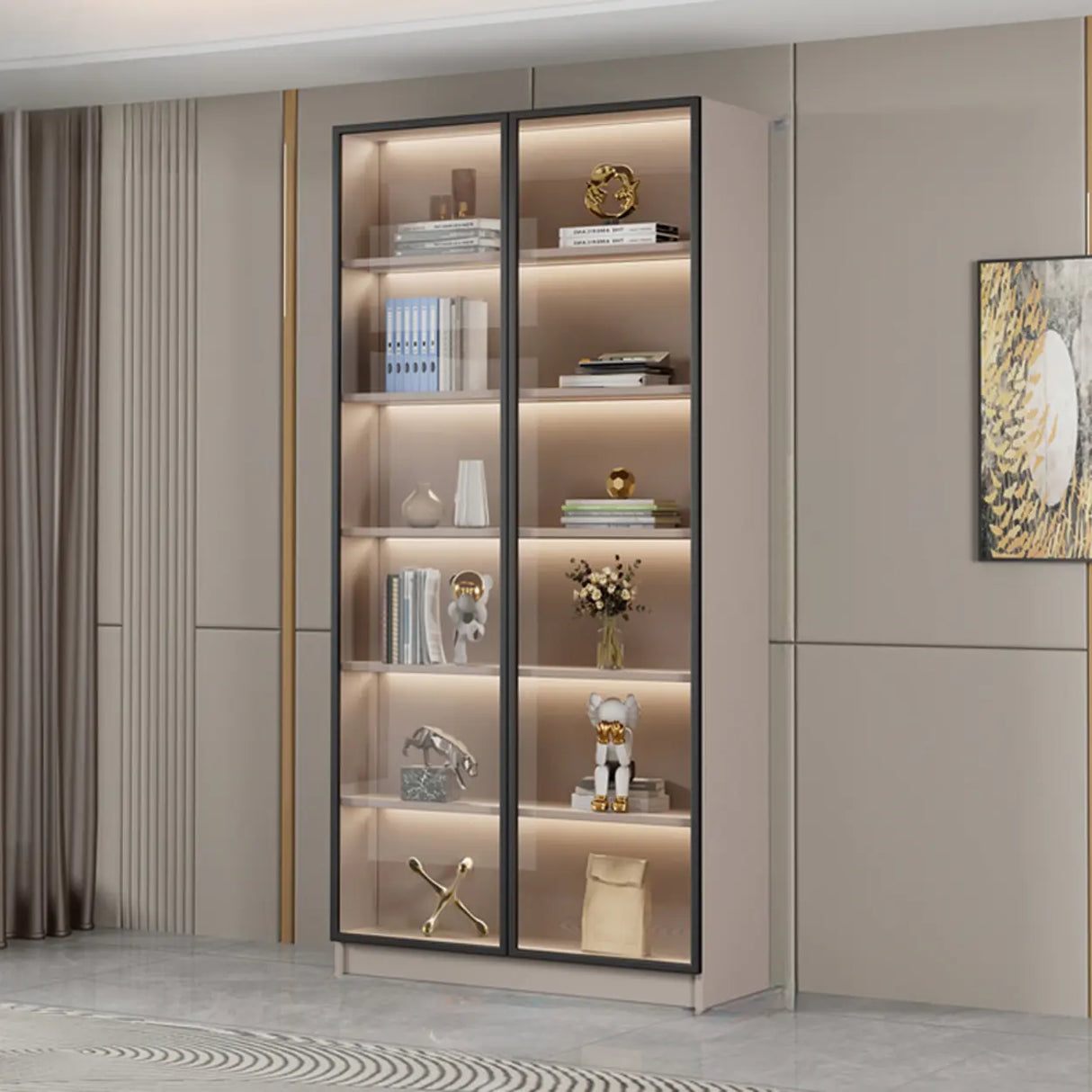 Modern Vertical Glass Cabinets White Wooden Bookcase Image - 15