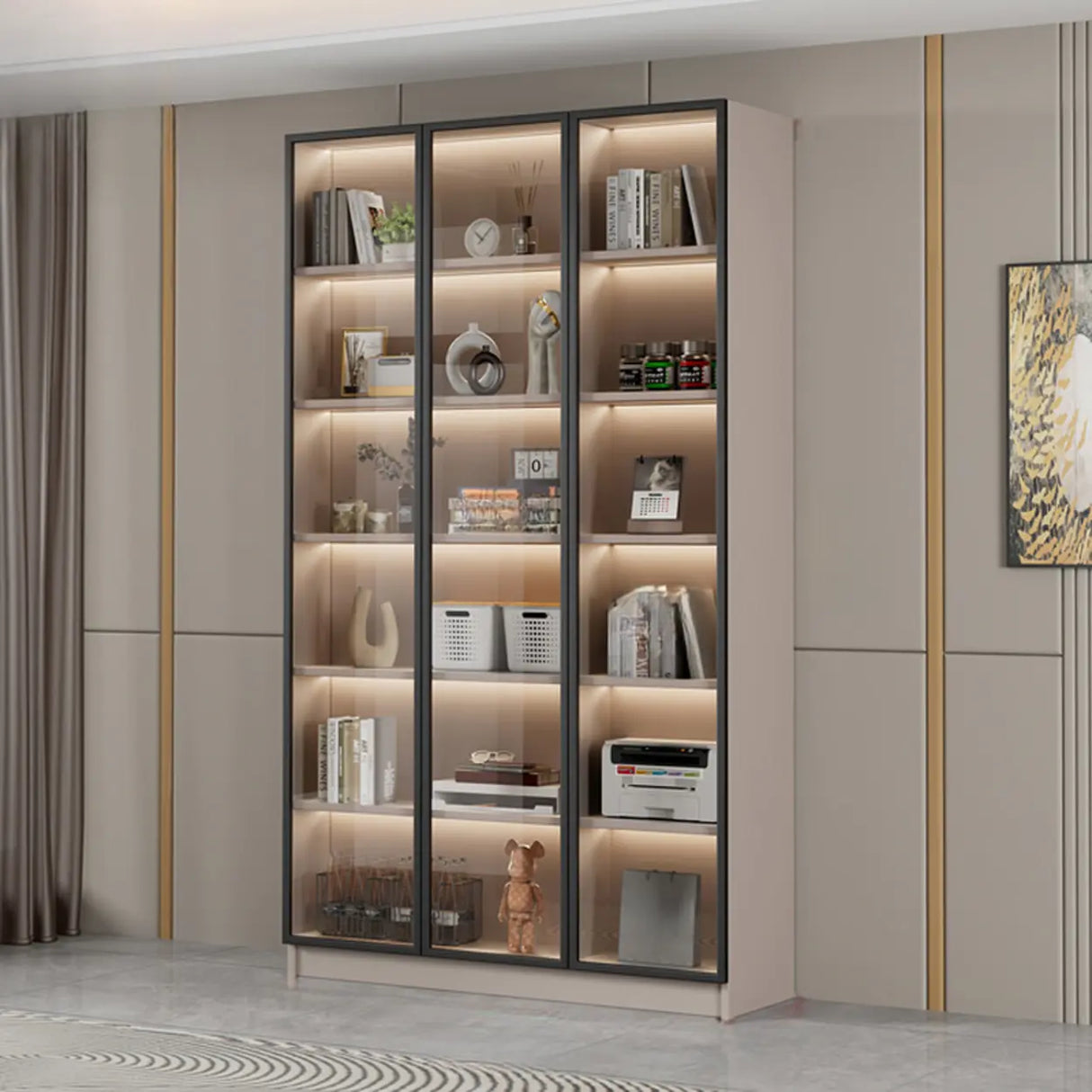 Modern Vertical Glass Cabinets White Wooden Bookcase Image - 16