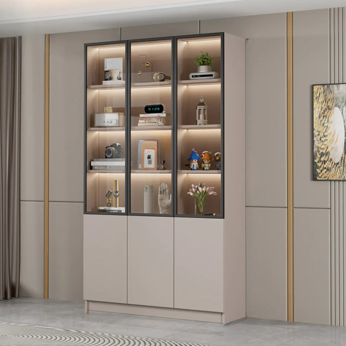 Modern Vertical Glass Cabinets White Wooden Bookcase Image - 17