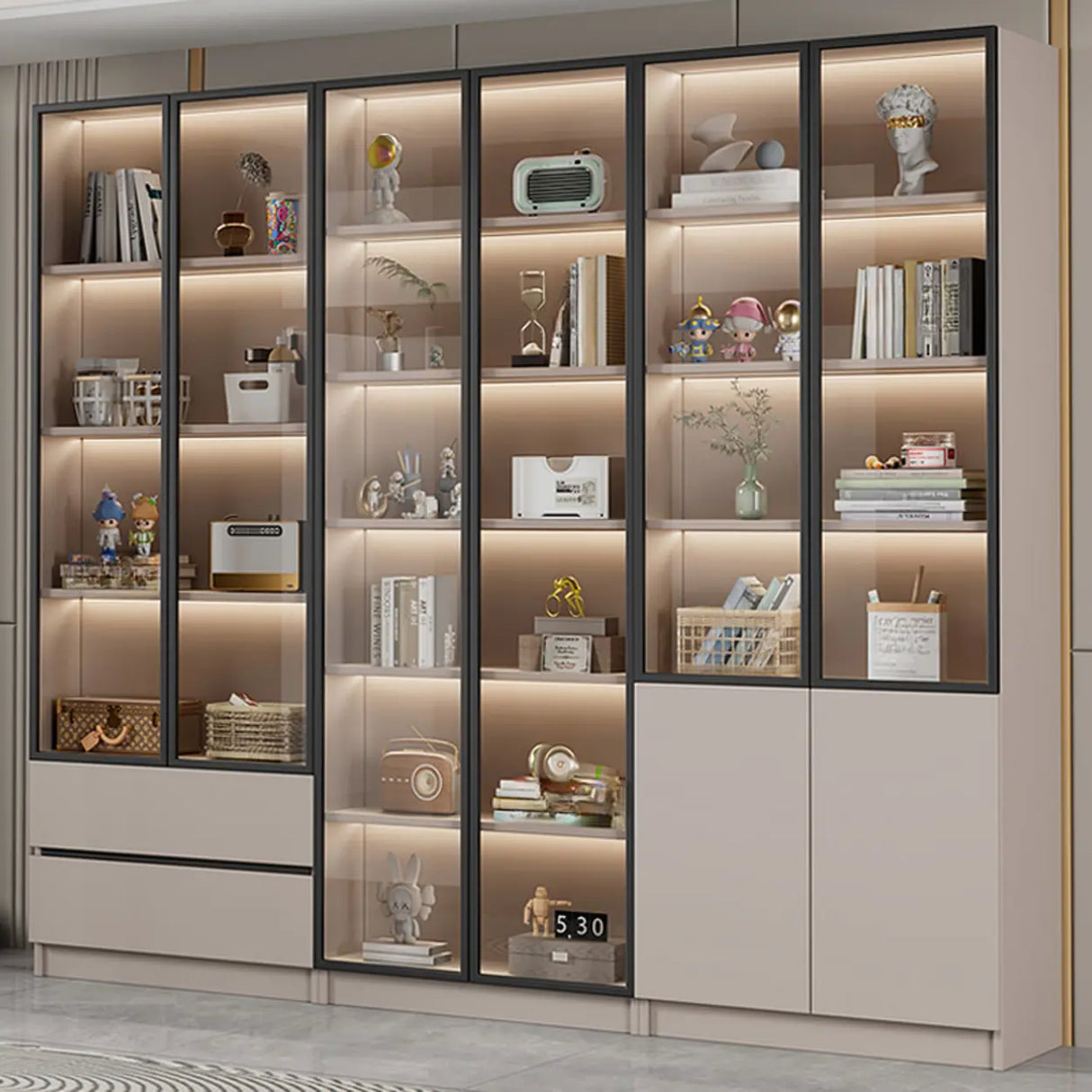 Modern Vertical Glass Cabinets White Wooden Bookcase Image - 1