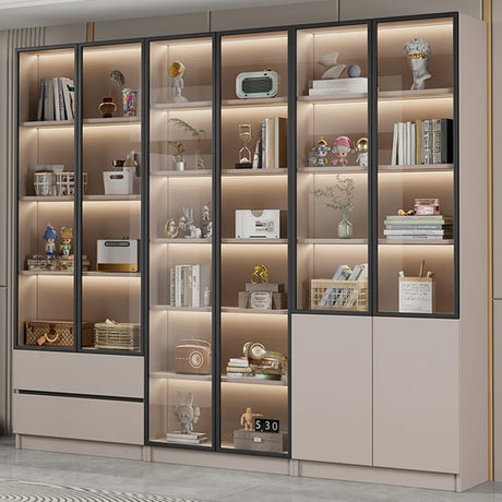 Modern Vertical Glass Cabinets White Wooden Bookcase Image - 1