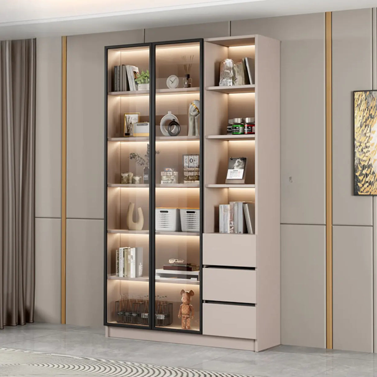 Modern Vertical Glass Cabinets White Wooden Bookcase Image - 3