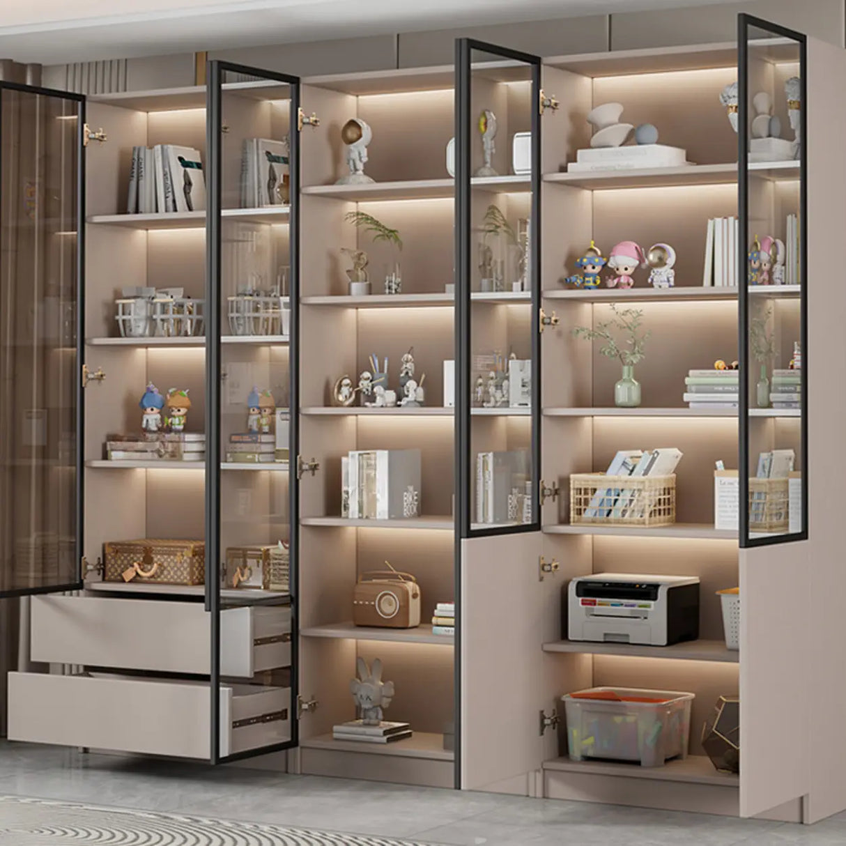 Modern Vertical Glass Cabinets White Wooden Bookcase Image - 4