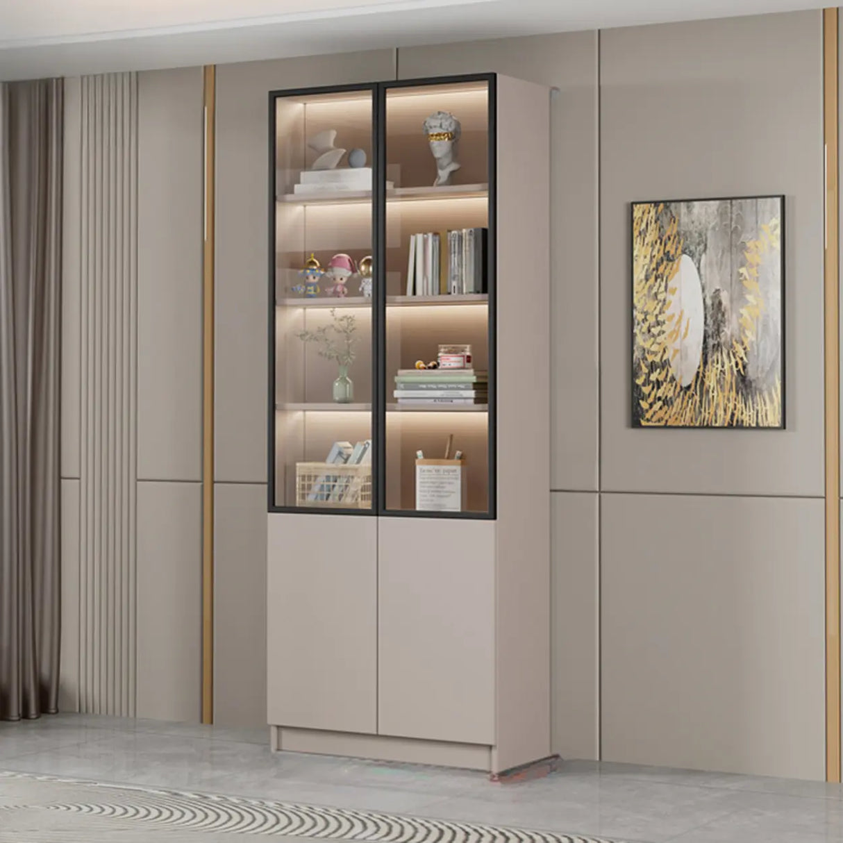 Modern Vertical Glass Cabinets White Wooden Bookcase Image - 5
