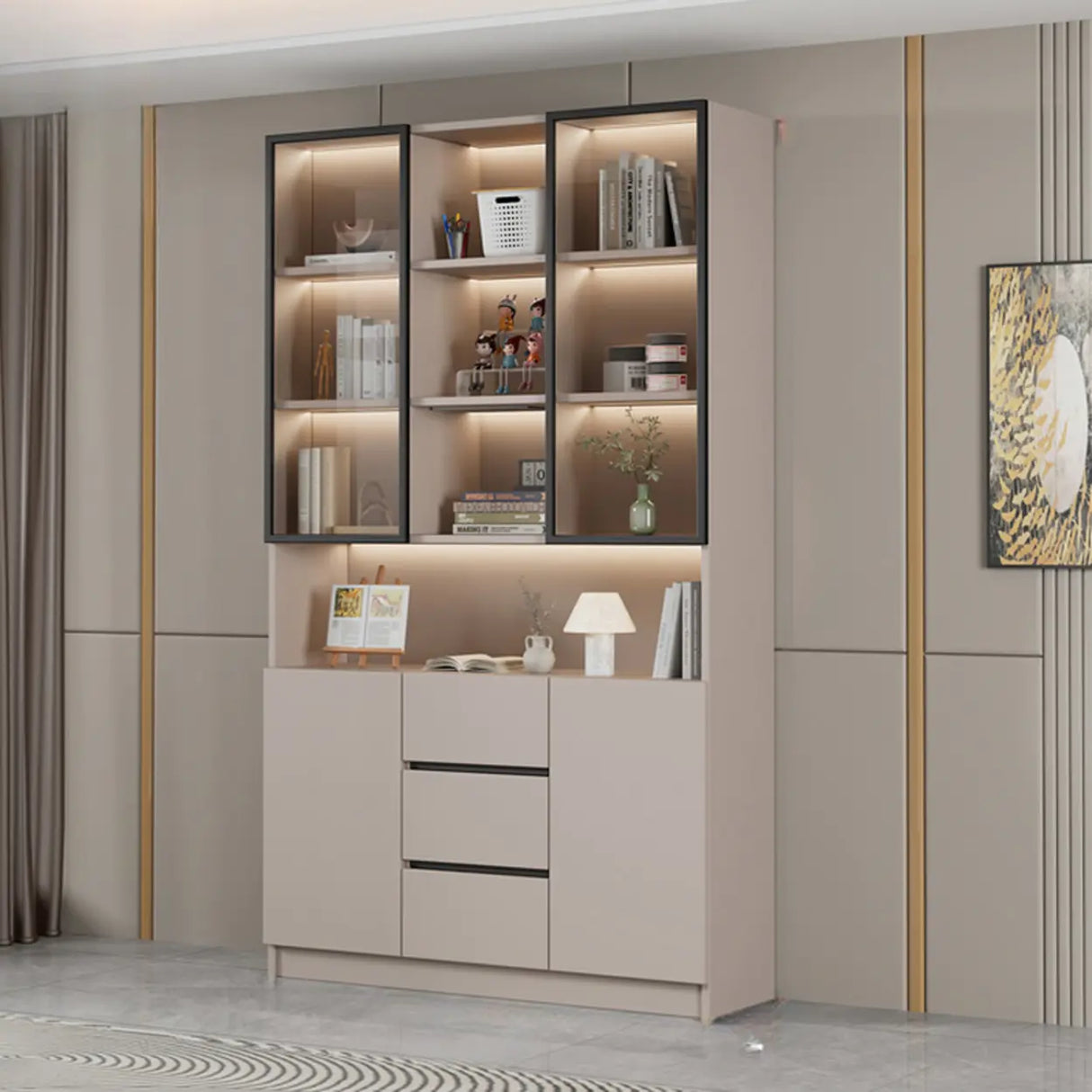 Modern Vertical Glass Cabinets White Wooden Bookcase Image - 8