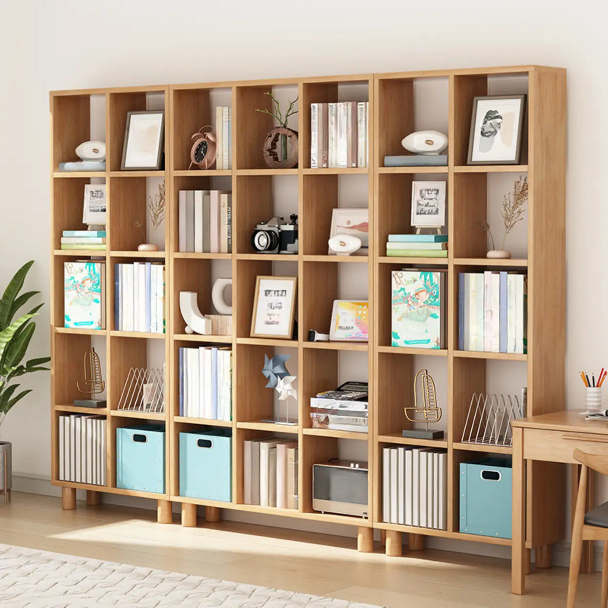 Modern Vertical Open Oak Timber Etagere Tall Bookcase Image - 1