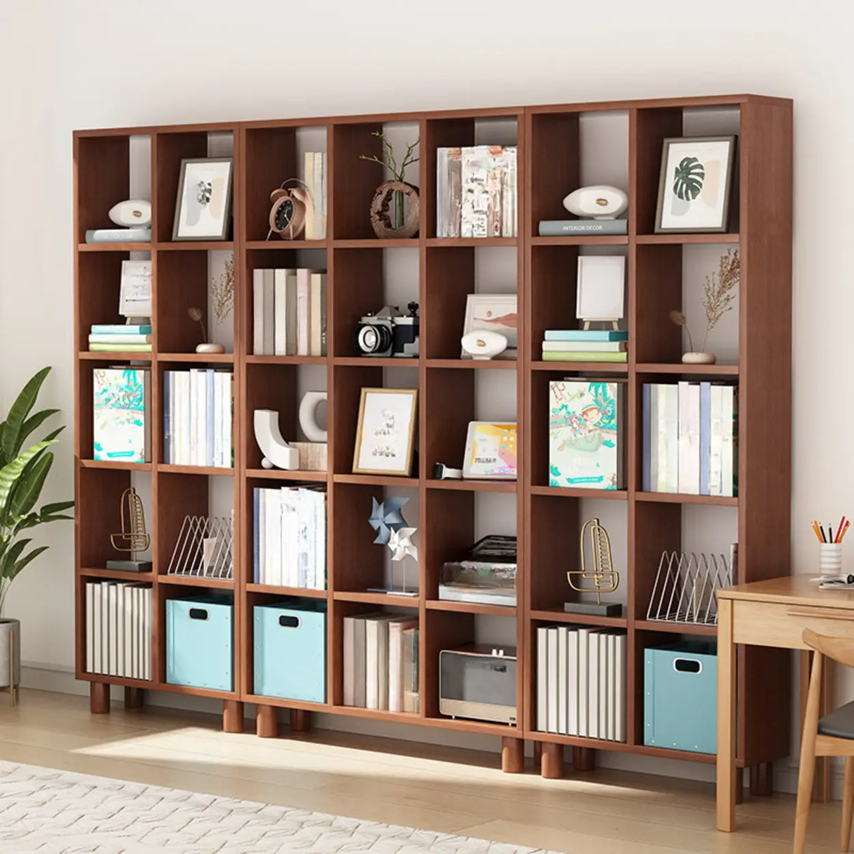 Modern Vertical Open Oak Timber Etagere Tall Bookcase Image - 4