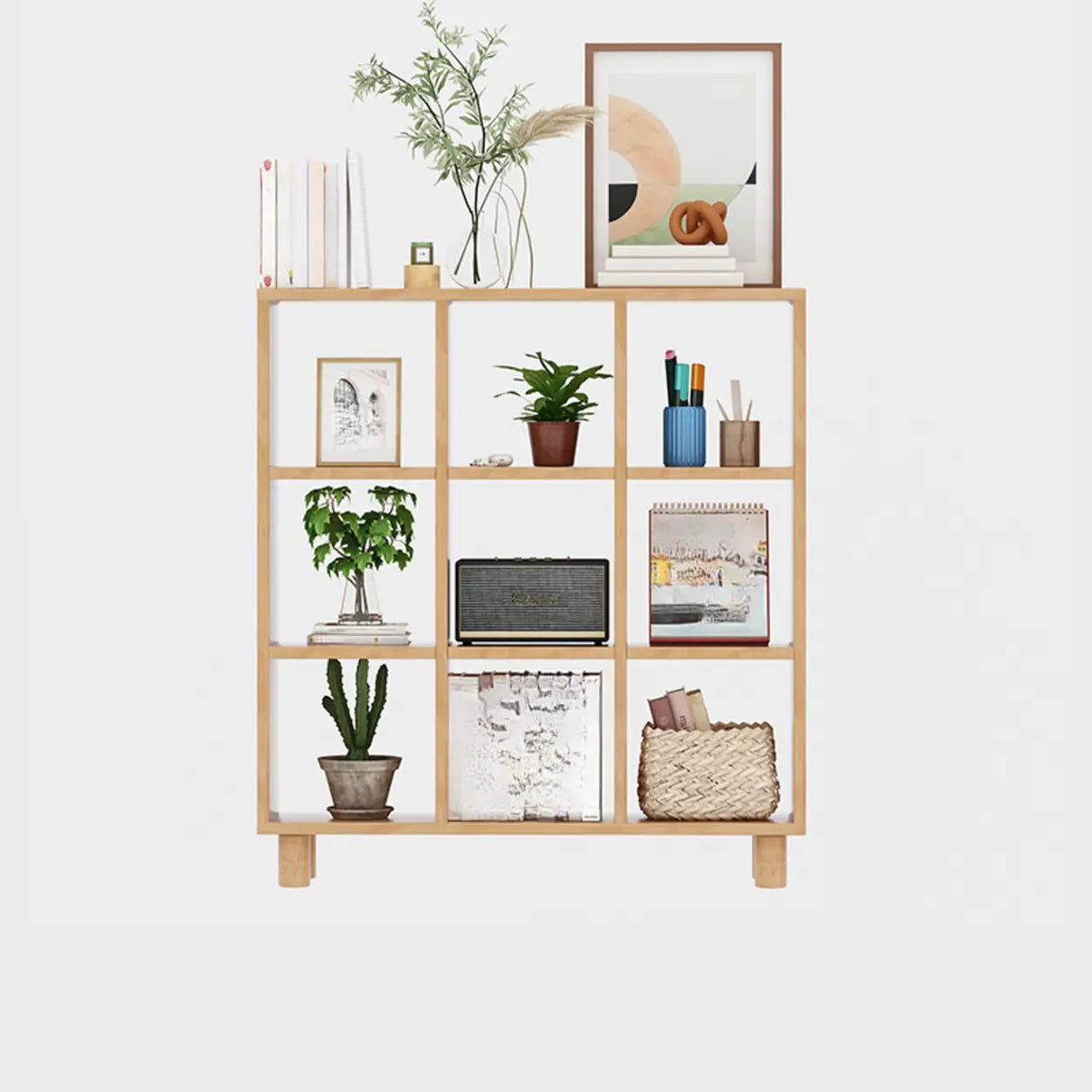 Modern Vertical Open Oak Timber Etagere Tall Bookcase Image - 5