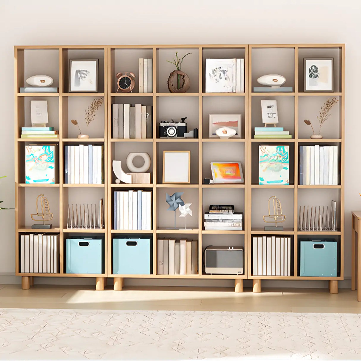 Modern Vertical Open Oak Timber Etagere Tall Bookcase Image - 6