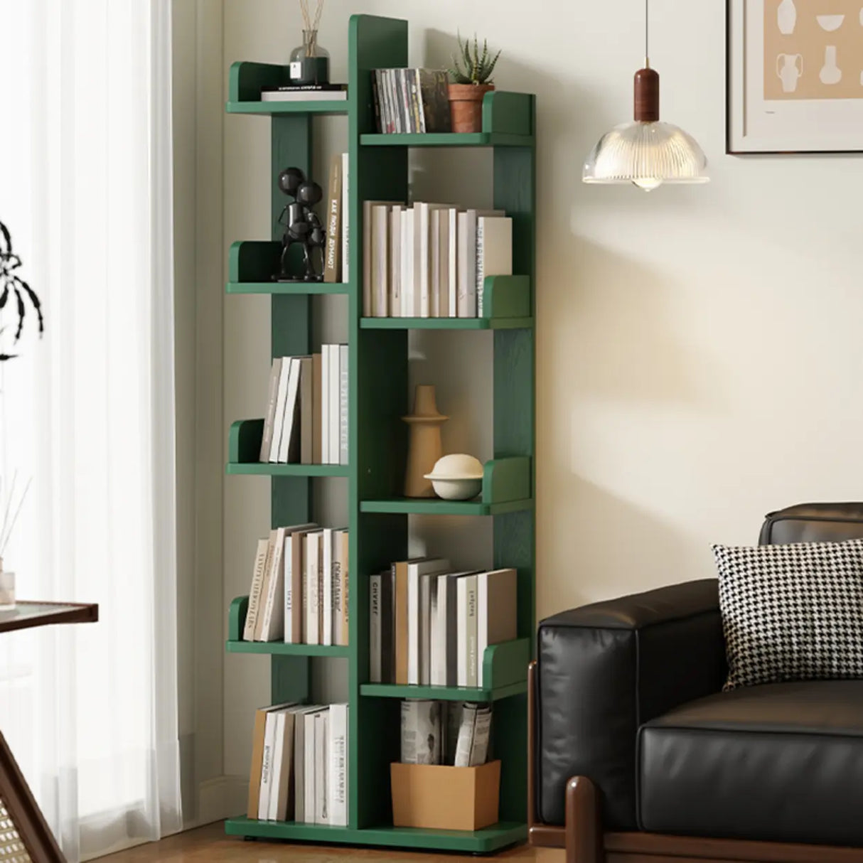 Modern Vertical Tree Tiered Wood Open Back Corner Bookshelf Image - 1