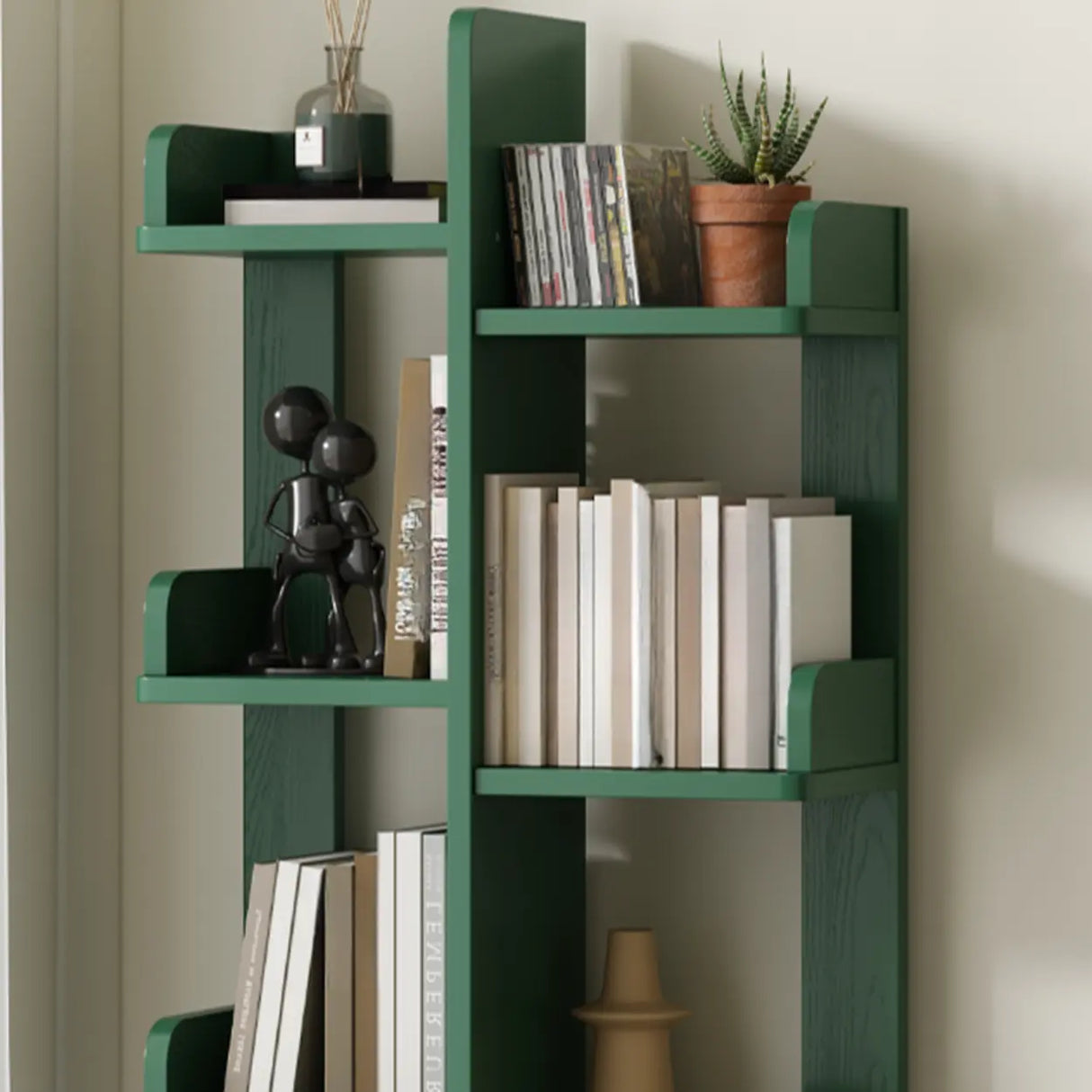 Modern Vertical Tree Tiered Wood Open Back Corner Bookshelf Image - 13