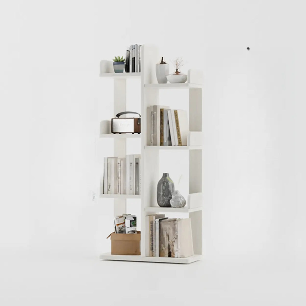 Modern Vertical Tree Tiered Wood Open Back Corner Bookshelf Image - 22