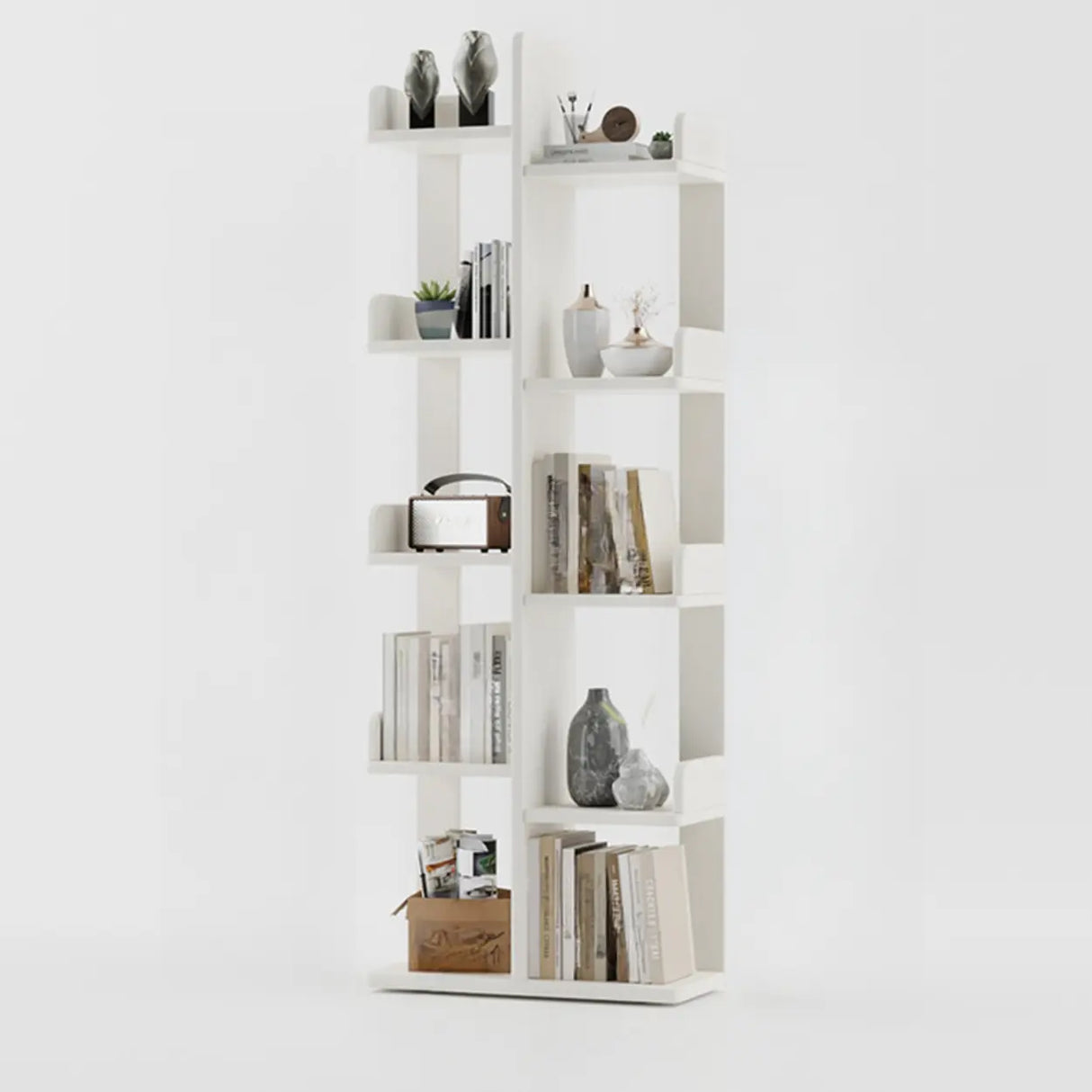 Modern Vertical Tree Tiered Wood Open Back Corner Bookshelf Image - 23