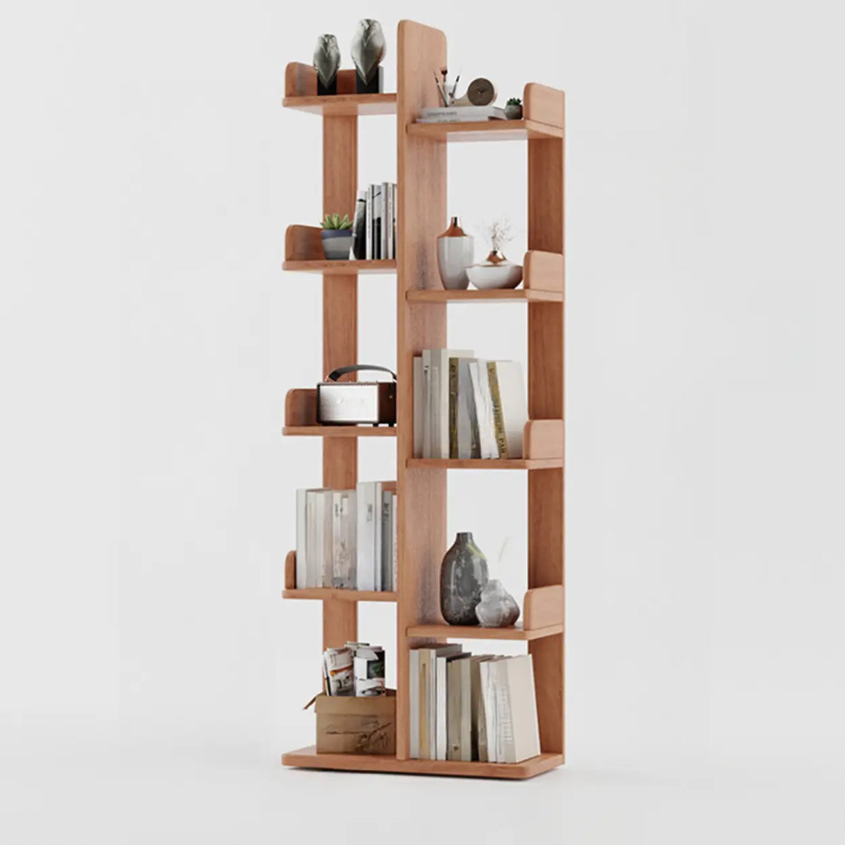 Modern Vertical Tree Tiered Wood Open Back Corner Bookshelf Image - 25