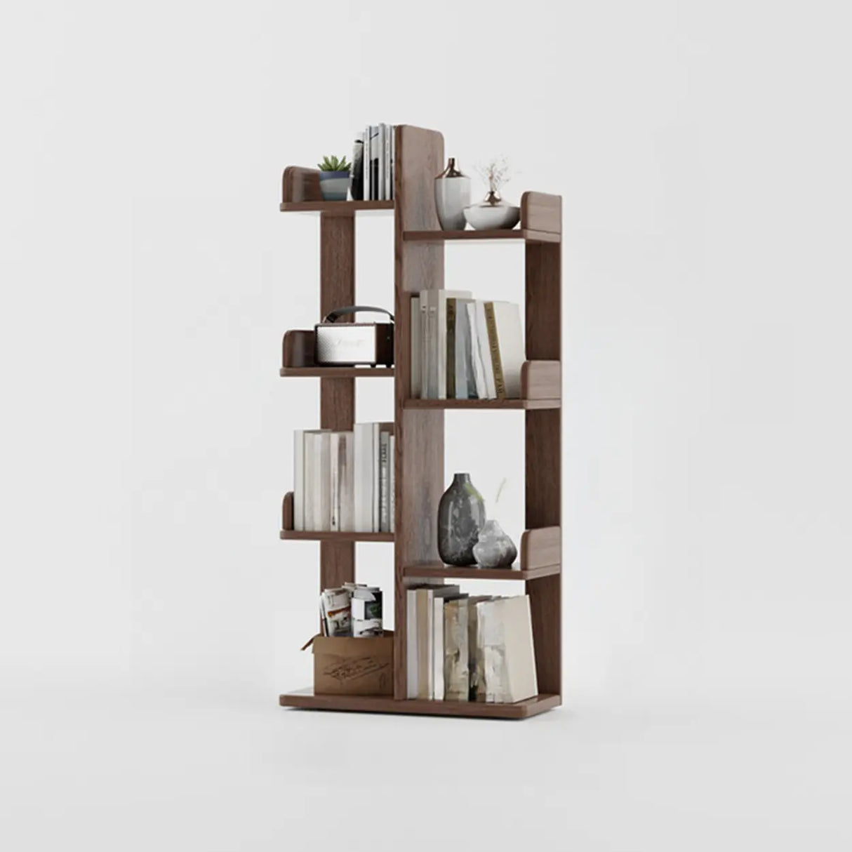 Modern Vertical Tree Tiered Wood Open Back Corner Bookshelf Image - 26