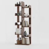 Modern Vertical Tree Tiered Wood Open Back Corner Bookshelf Image - 27