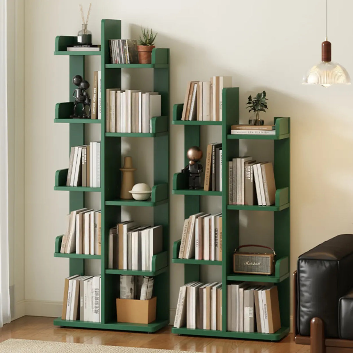 Modern Vertical Tree Tiered Wood Open Back Corner Bookshelf Image - 6