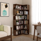 Modern Vertical Wood Brown Multi-shelf Corner Bookcase Image - 1
