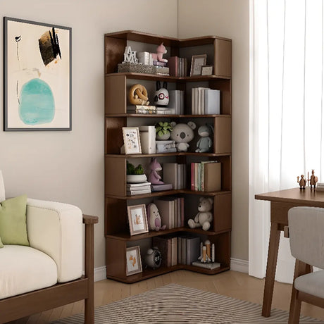 Modern Vertical Wood Brown Multi-shelf Corner Bookcase Image - 1